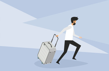 Design concept of black man who he runs with suitcase, case, bag, briefcase en isometric style. Can use for website and mobile website and application. Vector illustration with background.
