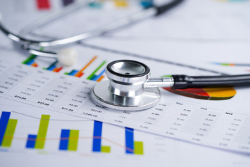 Stethoscope, Charts and Graphs spreadsheet paper, Finance, Account, Statistics, Investment, Analytic research data economy spreadsheet and Business company concept.