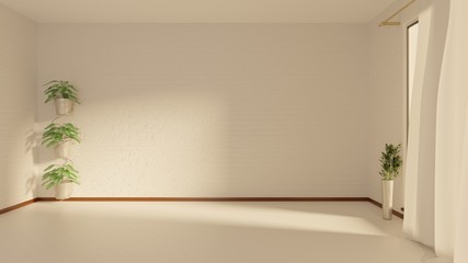 Empty room with plants and a white brick wall. Sunbeam from the window. Wooden floor. 3D rendering.