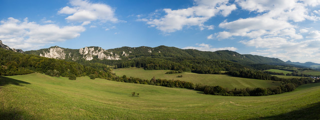 Sulov rocks, nature reserve in Slovakia, panorma with rocks and meadow