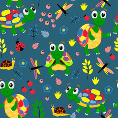 Plakat blue seamless pattern with colorful turtles - vector illustration, eps