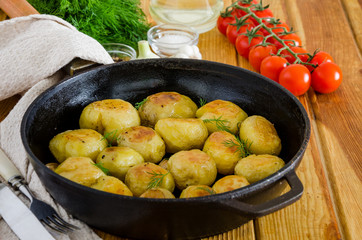 Fried Young Potatoes in a cast iron pan with garlic and dill. Rustic style.