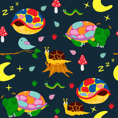 night seamless pattern with colorful turtles - vector illustration, eps