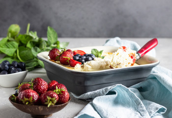 Cottage cheese (twarog or farmers cheese) baked pudding, strawberries, blueberries, sour cream and...