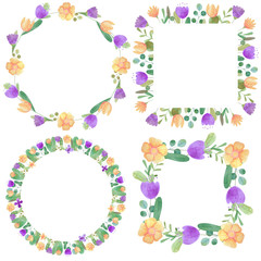 set of hand-drawn watercolor frames of stylized flowers