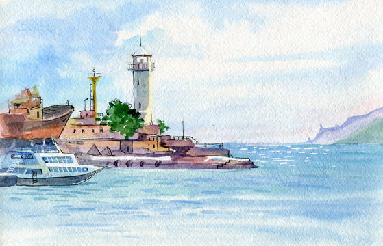 Beautiful watercolor landscape. View of the sea and Yalta Lighthouse. Crimea.