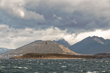 Argentina, Patagonia – view from the ocean to the mountain peaks.