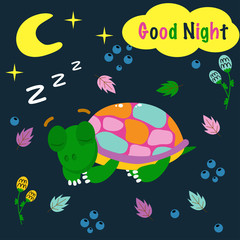poster good night with a colorful turtle - vector illustration, eps