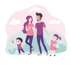Happy young family walking together in nature with father, mother and a small boy and girl laughing and smiling. Happiness concept.