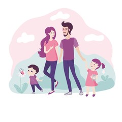 Happy young family walking together in nature with father, mother and a small boy and girl laughing and smiling. Happiness concept.