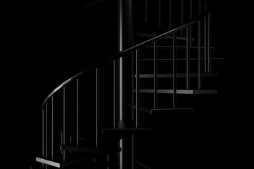 Light and shadow of spiral staircase in the darkness. 3D rendering.