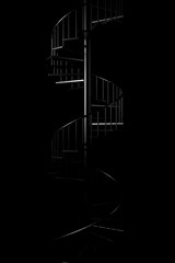 Light and shadow of spiral staircase in the darkness. 3D rendering.