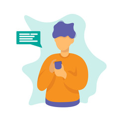 Man with smartphone. Concept illustration, chatting, messaging, social media, texting, customer assistance, meeting via internet, chat bot, communication. Bright colorful. Flat vector.