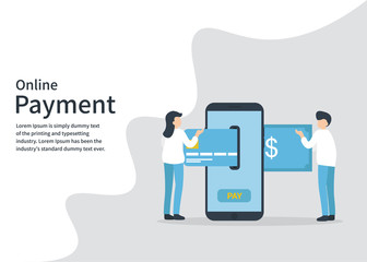 Mobile online payment or money transfer concept. template for web landing page, banner, presentation, print media, social media. Flat vector illustration with little people. 