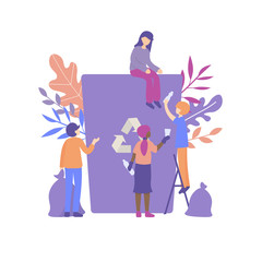 Recycle garbage, save ecology concept. Small people throwing plactic trash into big recycle bin. Poster for web page, social media, banner, presentation. Flat design vector illustration.