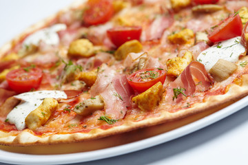 tasty pizza with bacon and cherry tomatoes