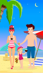 Happy Family at Beach. Mother Father with Child