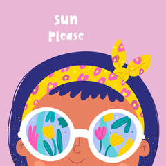 Sun please. Little brunette girl with big nerdy round sunglasses. Reflection of the tulip flowers in the glasses. Hand drawn vector trendy illustration. Cartoon style. Flat design