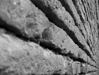black white red brick wall texture. Horizontal view. closeup of aged brick wall.