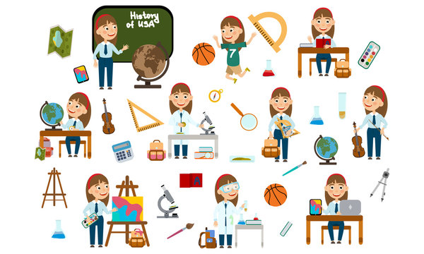 Set girl with hair decoration. Student in different lessons: science, history, sports, art, maths, English, information technology, music. Conducting experiments. Cute vector