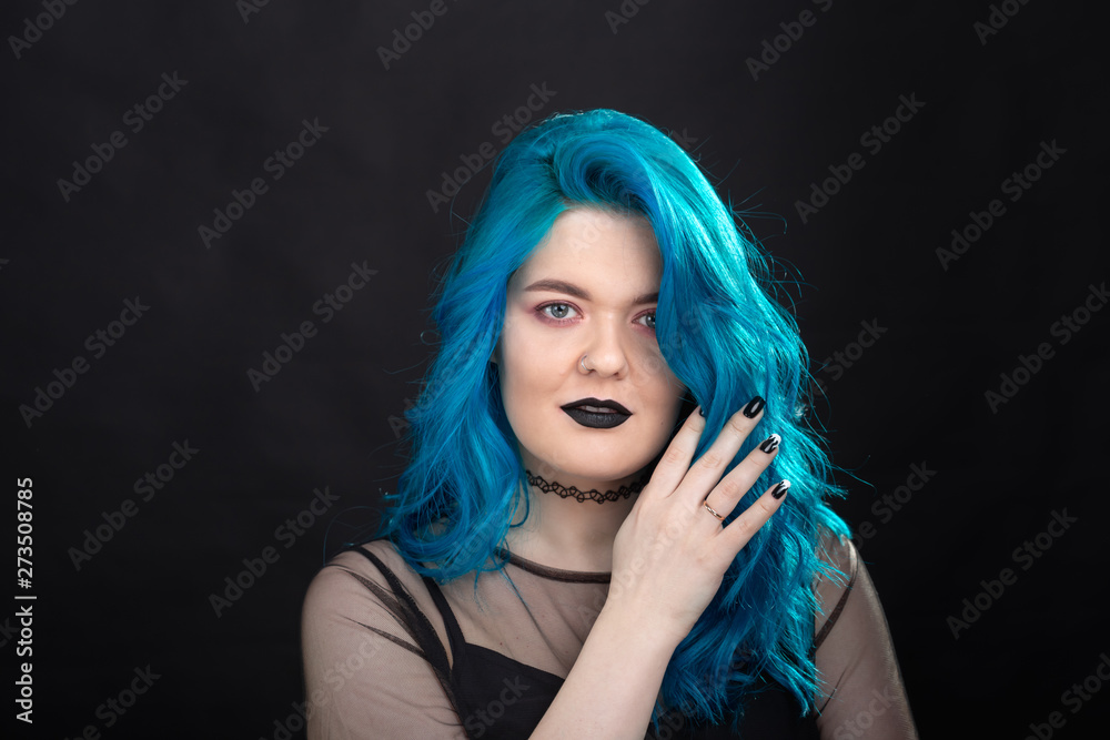 Canvas Prints sryle and fashion concept - close up portrait of woman with blue long hair over black background