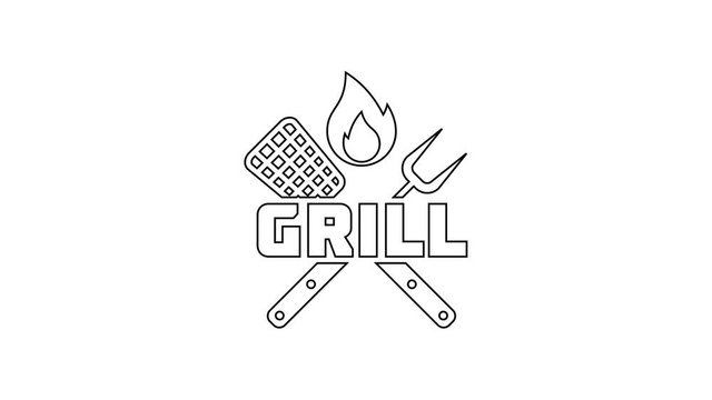 Black Crossed fork and spatula line icon on white background. Fire flame sign. BBQ fork and spatula sign. Barbecue and grill tools. 4K Video motion graphic animation
