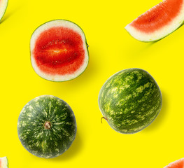 Watermelon tile on a yellow background. Graphic element layout tile useful for summer and healthy fruit concepts.