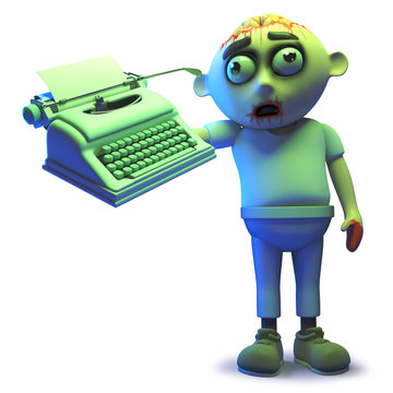 Cartoon scarey undead zombie monster holding a typewriter, 3d illustration