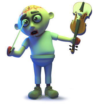 Stupid undead zombie monster pokes his eye with a violin bow, 3d illustration