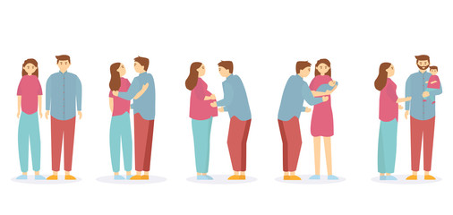 Fototapeta premium Set of characters showing the stages of development of the family. couple, hug couple, husband holds pregnant wife. Mother, father, daughter and son. Vector illustration in a flat style&nbsp;