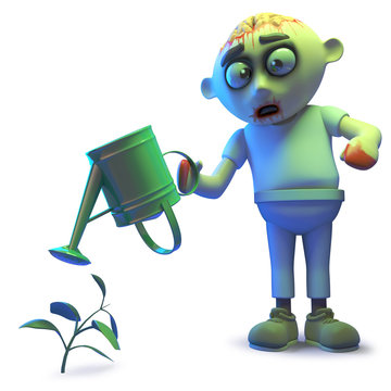 Silly undead zombie monster watering his undead plant, 3d illustration