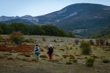 Fototapeta na wymiar Two man walking on the mountain of Palencia. Spain