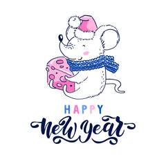 2020 Happy chinese new year. Rat zodiac sign. Vector illustration of little lovely rat with cheese. Handwritten lettering - Happy New Year. For greeting card, poster and banner template.