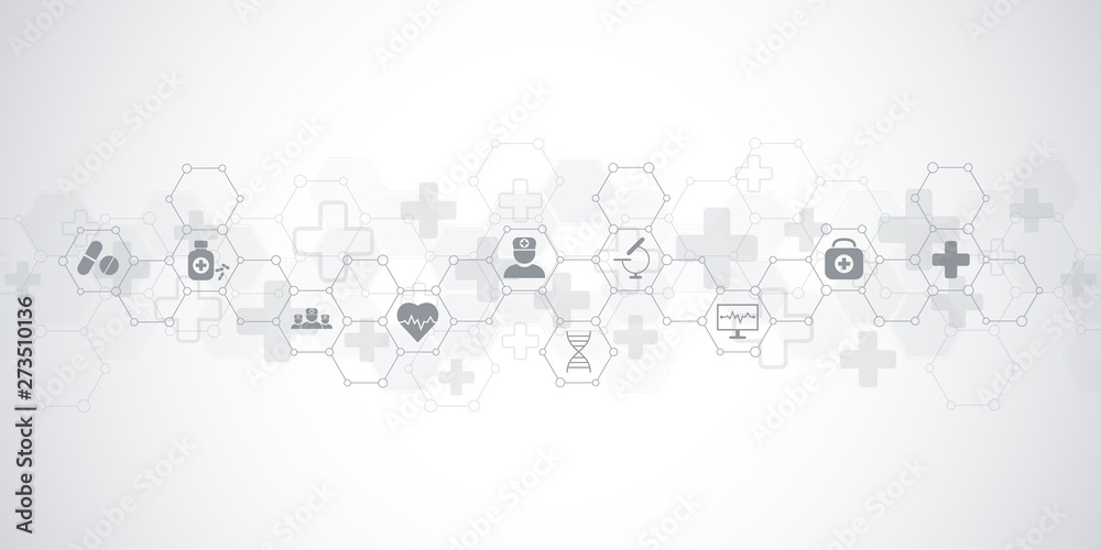 Poster Abstract medical background with flat icons and symbols. Template design with concept and idea for healthcare technology, innovation medicine, health, science and research.