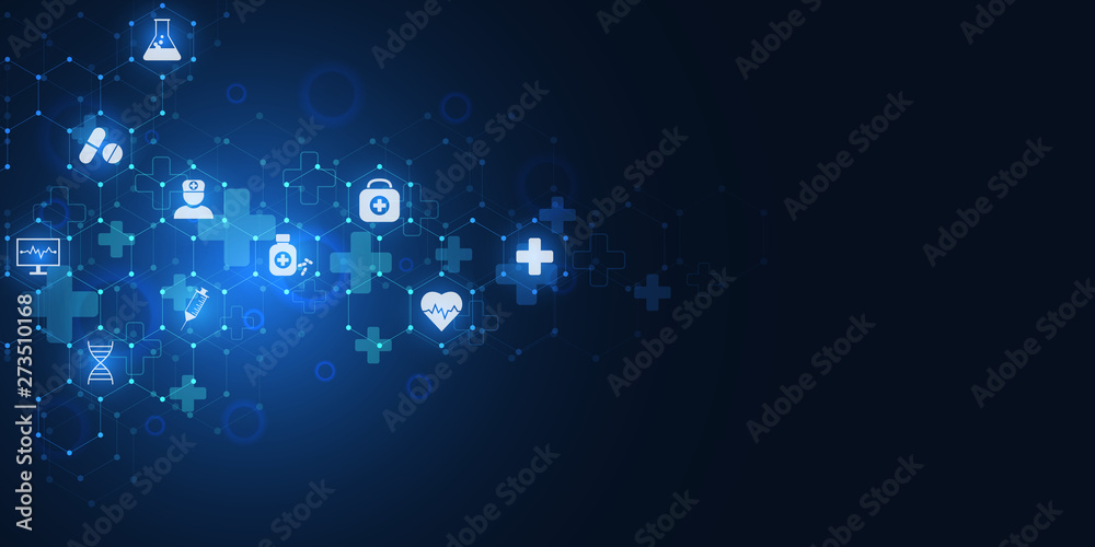 Poster abstract medical background with flat icons and symbols. template design with concept and idea for h