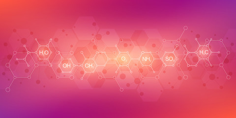 Abstract chemistry pattern on purple background with chemical formulas and molecular structures. Template design with concept and idea for science and innovation technology.
