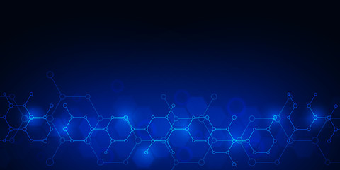 Abstract molecules on dark blue background. Molecular structures or chemical engineering, genetic research, technological innovation. Scientific, technical or medical concept.