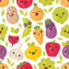 Cute smiling vegetables, vector seamless pattern on white background. Best for textile, backdrop, wrapping paper