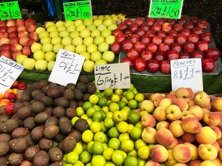 Fruit market with various colorful fresh fruits with price tags in Birmingham, Great Britain