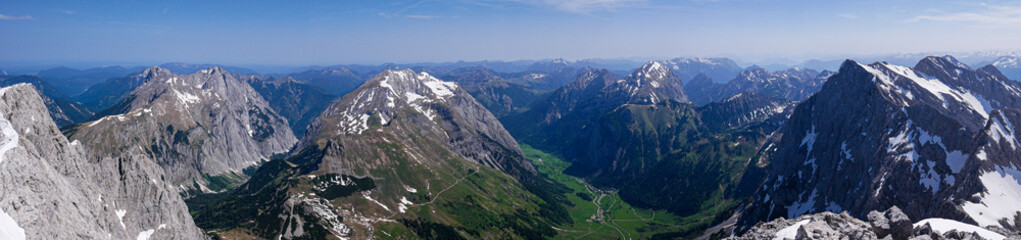 Panoramafoto Karwendel von der Grubenkarspitze über Gamsjoch, Großer Ahonboden bis Spritzkarspitze