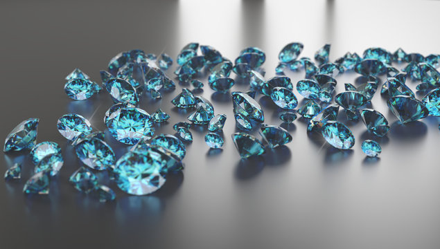 Blue diamonds placed on black background, 3D illustration.