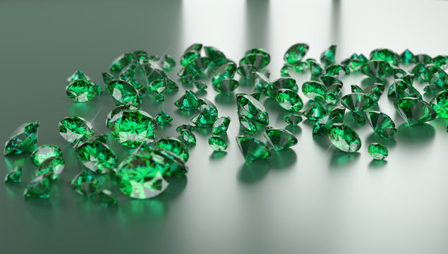 Green Diamond Group placed on Dark Background, 3d illustration.