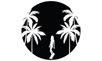 Summer vibes black and white silhouette emblem illustration of a skate girl on a board on a white palm  background