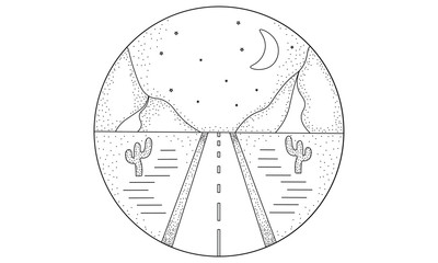 Line hand drawn illustration circle of road, landscape mountains, and desert with cactuses, night sky with moon and stars