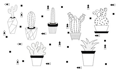 Set of black outline cactuses contour drawing isolated on a white background - obrazy, fototapety, plakaty