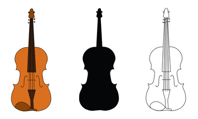 Line drawing, black silhouette, and color illustration of viola outline classical contour wind musical instrument isolated on a white background. For student education, illustration for dictionary mus