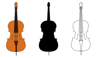 Line drawing, black silhouette, and color illustration of violoncello outline classical contour wind musical instrument isolated on a white background. For student education,dictionary musical schools