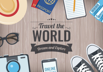 Travel the World background with items for travel. Travel and Tourism concept. Vector