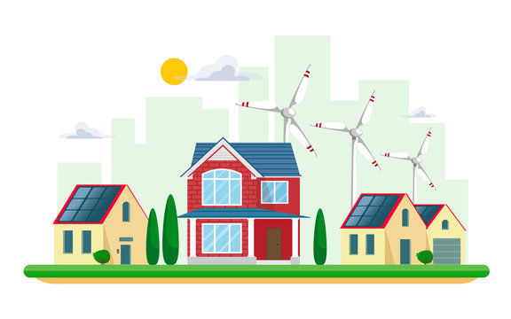 Vector illustration of clean electric energy from renewable sources of sun and wind on white. Power plant buildings with solar panels and wind turbines on a cityscape cityscape and country houses