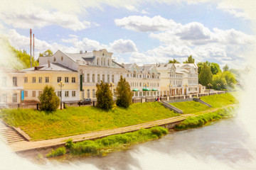 City Torzhok. Cityscape. Embankment. Imitation of the picture